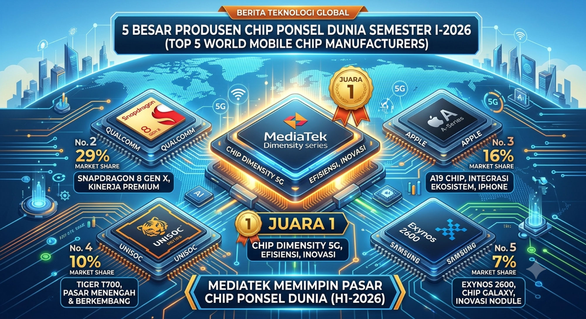 Pasar Chipset Smartphone Semester I-2026: MediaTek Masih Jawara, Apple dan Samsung Merangkak Naik